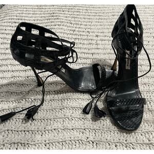 Y2K Manolo Blahnik Reptile Stiletto Heels Sandal Sz 9.5 40.5 Italy Black Tassles